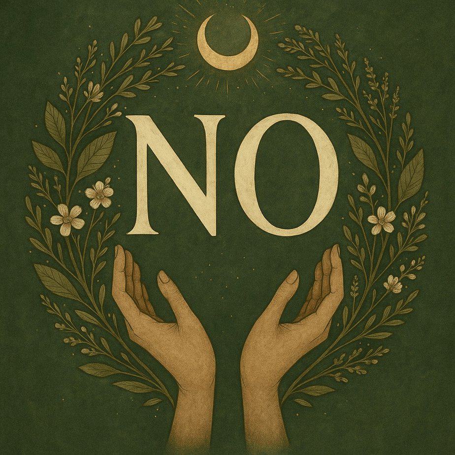 No is a Spell: Reclaiming Time and Energy in Witchcraft 3 two hands surrounded by a flower wreath and a half moon at the top with the word no in capital letters.