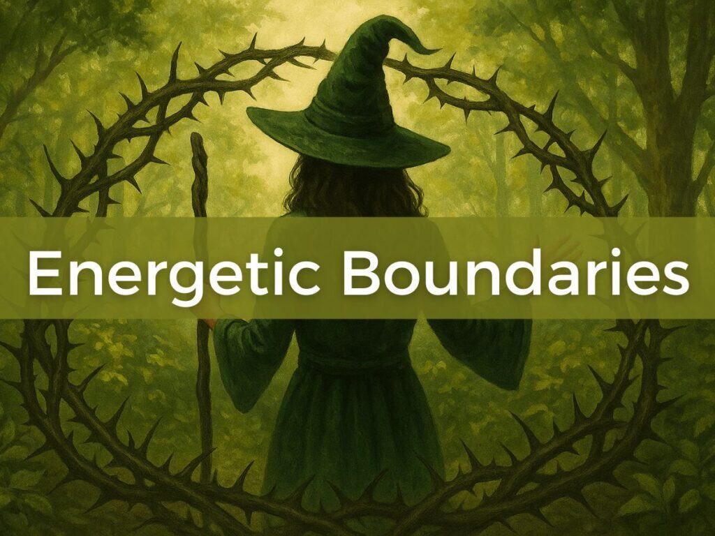 How to create energetic boundaries for the green witch shows a witch dressed in green robe and hat wtih a stick in her hand and surrounded by barbed wire wreath in a wooded setting