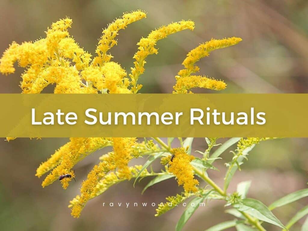 goldenrod with text: late summer rituals across the center and ravynwood.com across the bottom