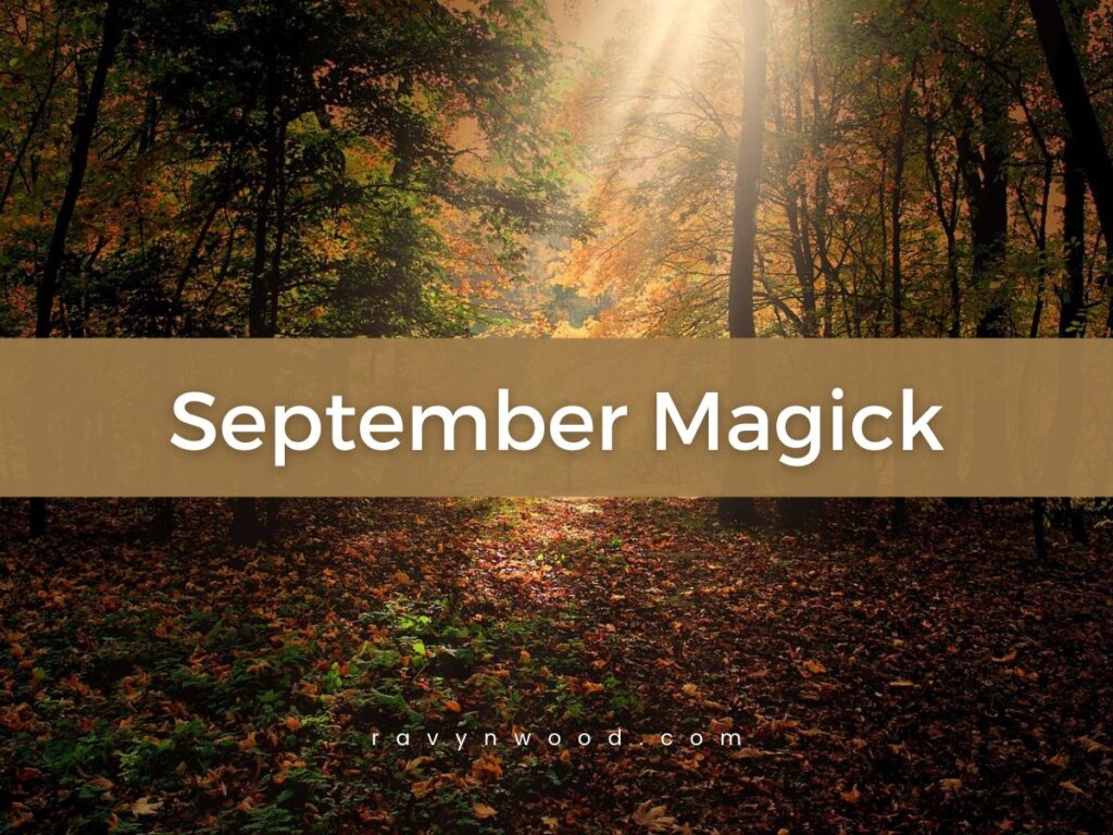The Magick of September blog post header image features a darkened forest with sunlight shafting through the tree tops onto the forest floor. Text reads: September Magick