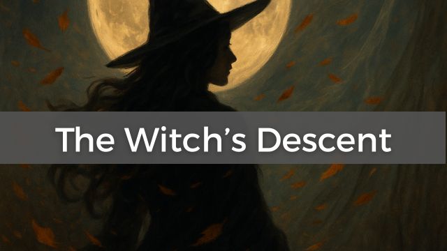 The Witch’s Descent: Rituals for the Shifting Season 3 witch shown against a dark background so all you see is profile outline. Full moon is behind her and she's wearing the pointed witch hat. Text: The Witch's Descent written across the front