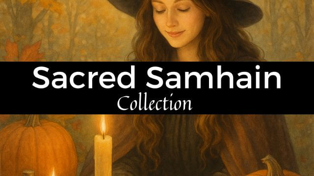 witch with long hair, wearing a hat and cloak performing a ritual. pumpkins and candle visible. Text: Sacred Samhain Collection