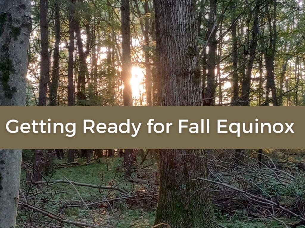 getting ready for fall equinox text shown across the front of a woodland scene with the setting sun in the background