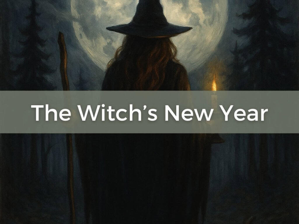 a woman dressed in witchy gard, with a full moon in front of her and trees silhouetted in the darkness. She's holding a candle. Text overlay is The Witch's New Year