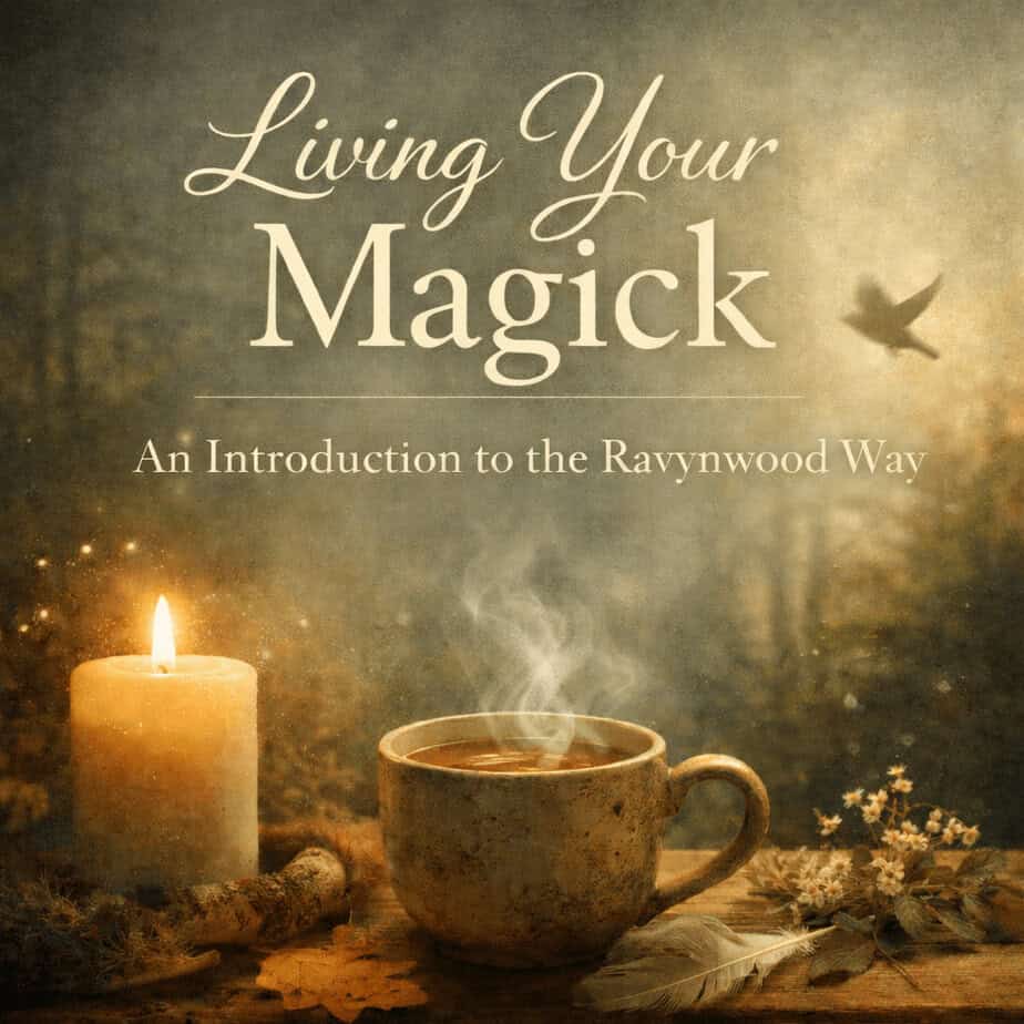watercolor image with a steaming mug of tea and a candle with a forest background and living your magick text